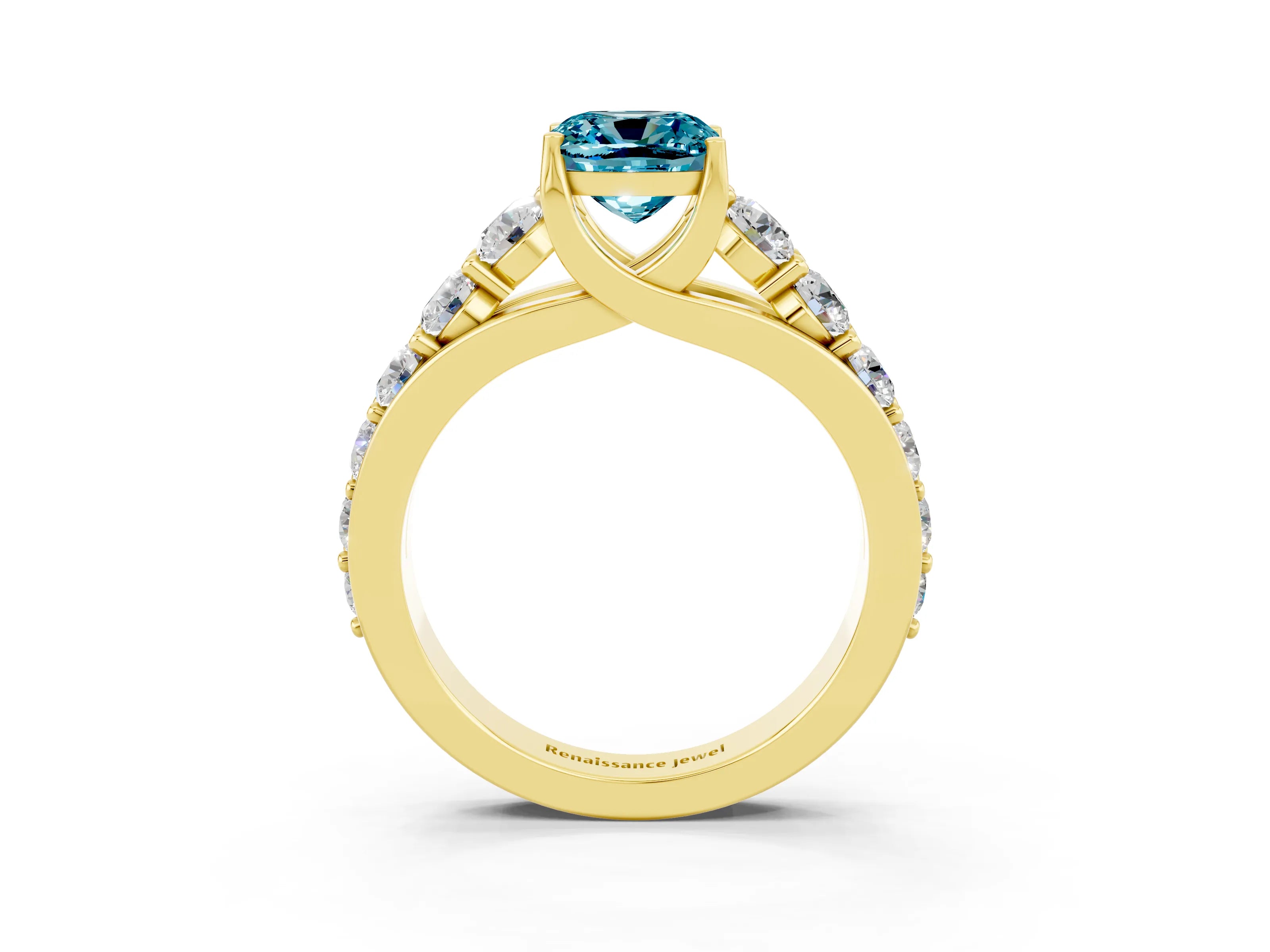 Yellow gold Cushion Cut Blue Topaz Engagement Ring with Pavé Band and Four-Prong Setting_3