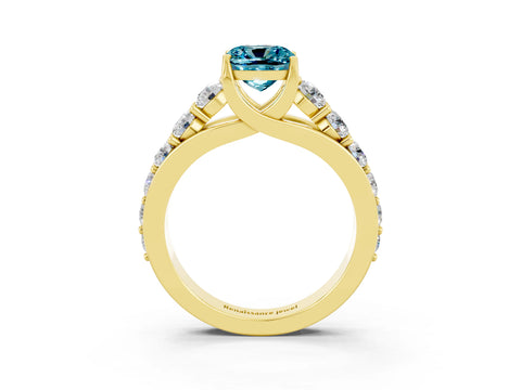 Yellow gold Cushion Cut Blue Topaz Engagement Ring with Pavé Band and Four-Prong Setting_3