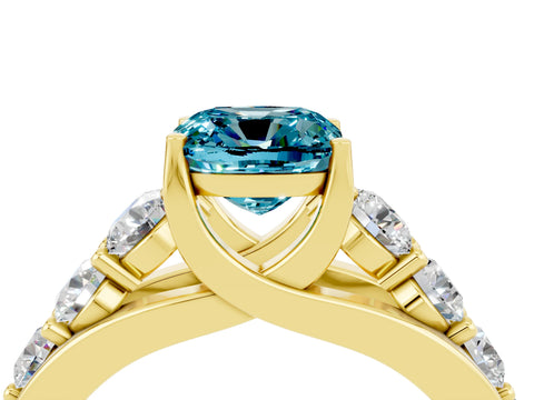 Yellow gold Cushion Cut Blue Topaz Engagement Ring with Pavé Band and Four-Prong Setting_4