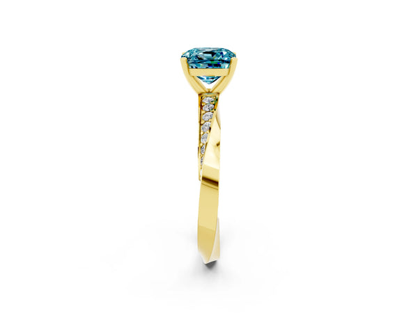 Yellow gold Cushion Cut Blue Topaz Engagement Ring with Side Stone Accents and Four-Prong Setting
