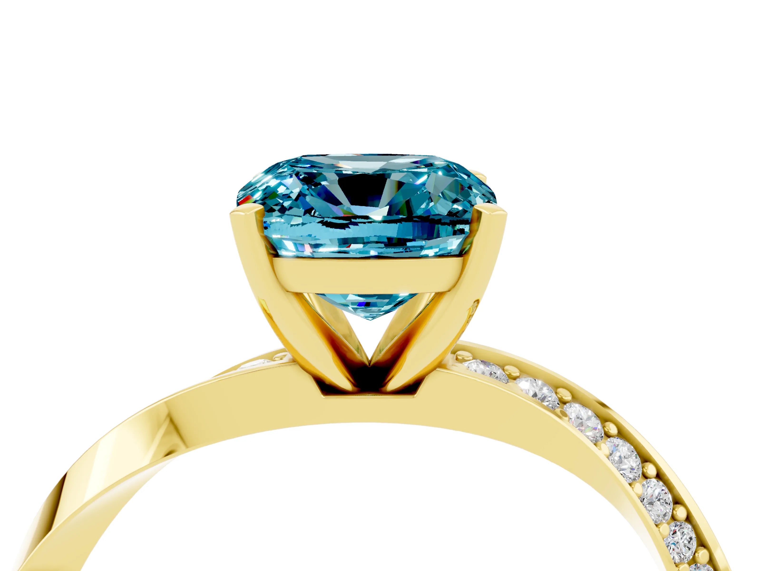 Yellow gold Cushion Cut Blue Topaz Engagement Ring with Side Stone Accents and Four-Prong Setting_27