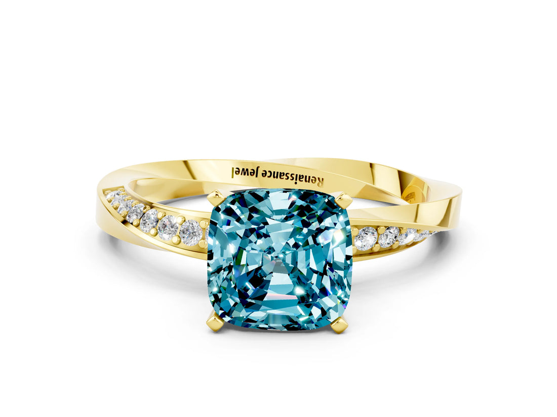 Yellow gold Cushion Cut Blue Topaz Engagement Ring with Side Stone Accents and Four-Prong Setting_84