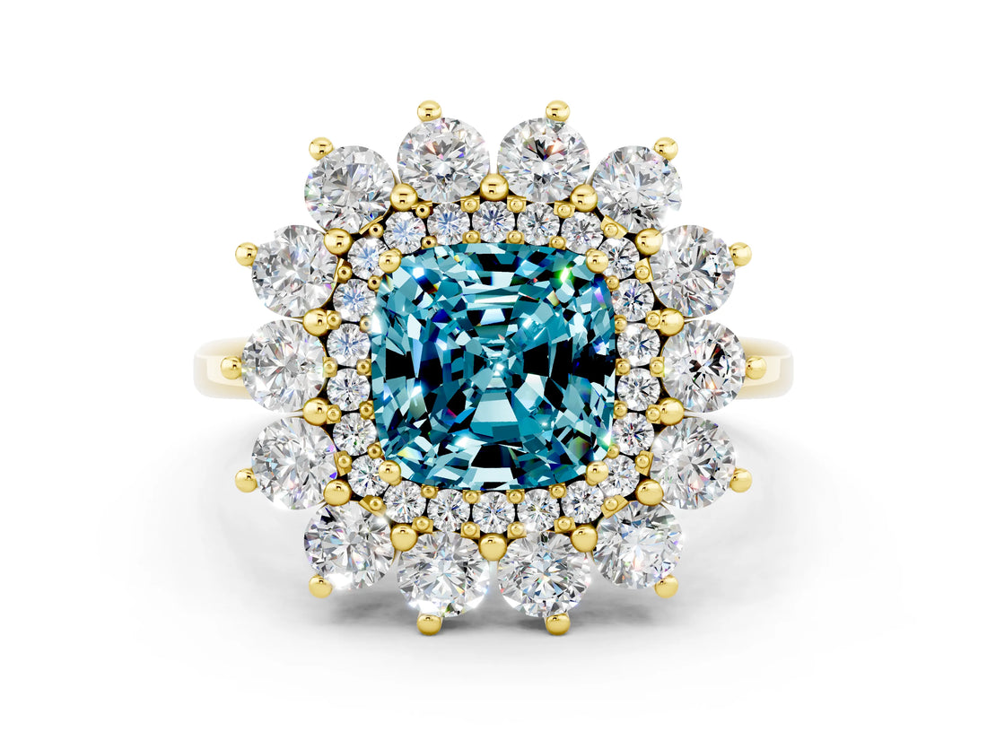 Yellow gold Cushion Cut Blue Topaz Floral Double Halo Engagement Ring with Prong Setting_60