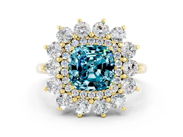 Yellow gold Cushion Cut Blue Topaz Floral Double Halo Engagement Ring with Prong Setting