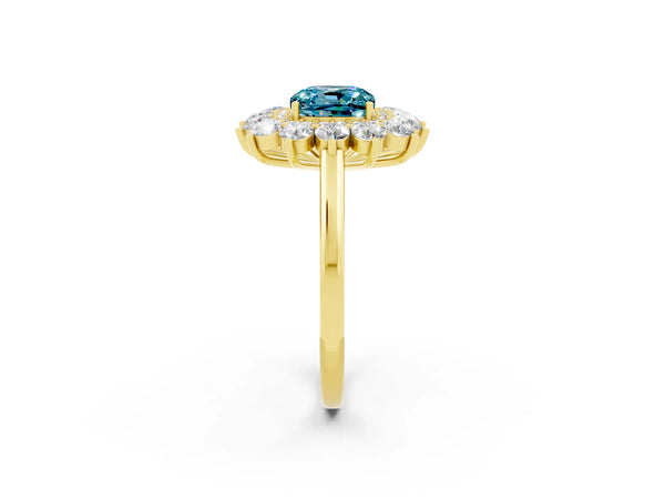 Yellow gold Cushion Cut Blue Topaz Floral Double Halo Engagement Ring with Prong Setting
