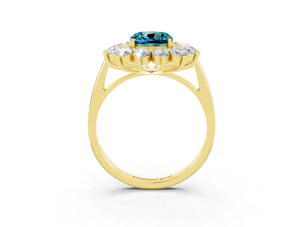 Yellow gold Cushion Cut Blue Topaz Floral Double Halo Engagement Ring with Prong Setting
