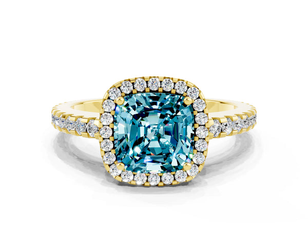 Yellow gold Cushion Cut Blue Topaz Halo Engagement Ring with Pavé Band and Prong Setting