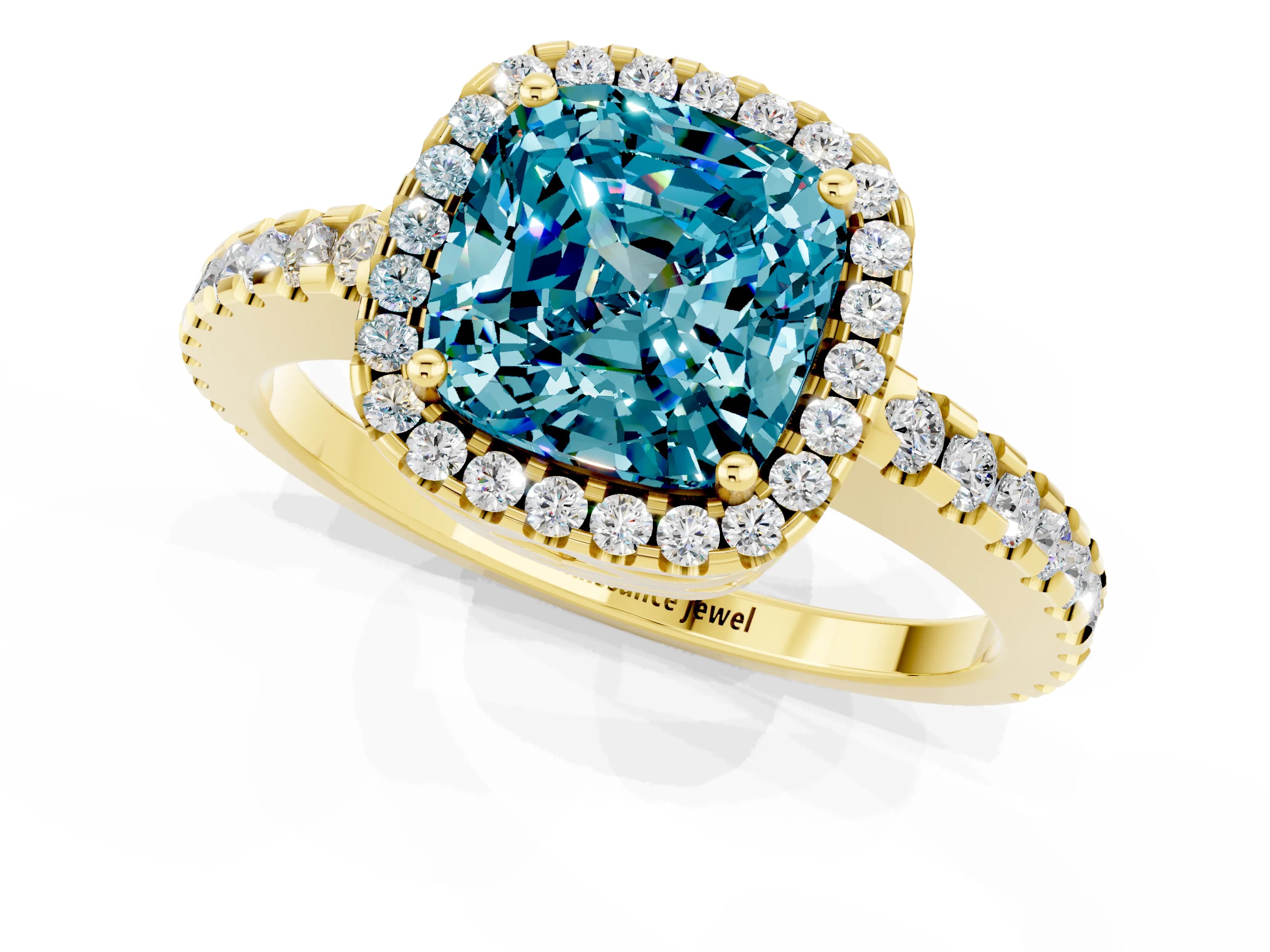 Yellow gold Cushion Cut Blue Topaz Halo Engagement Ring with Pavé Band and Prong Setting_13