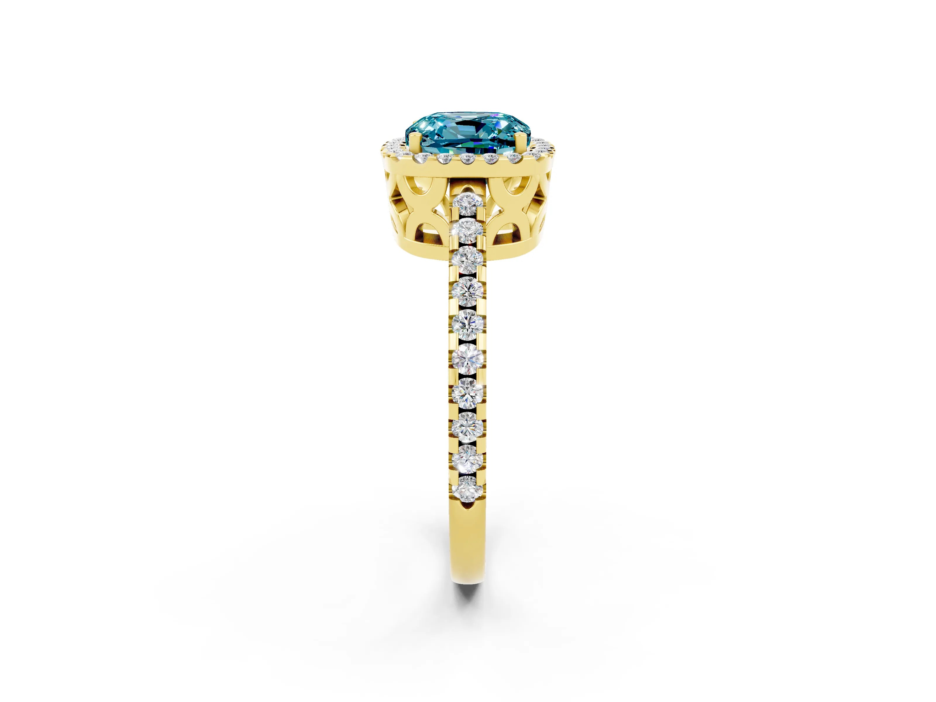 Yellow gold Cushion Cut Blue Topaz Halo Engagement Ring with Pavé Band and Prong Setting_14