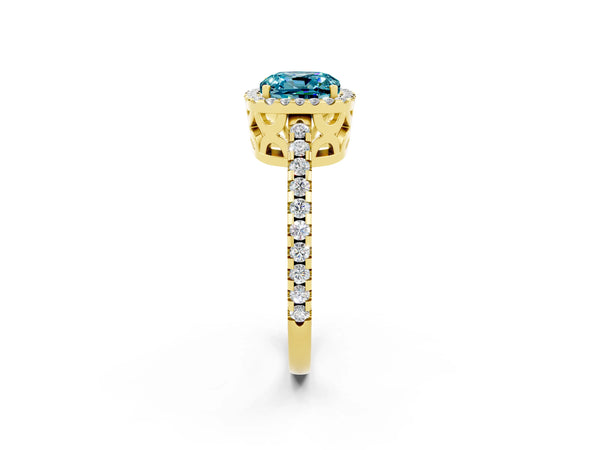 Yellow gold Cushion Cut Blue Topaz Halo Engagement Ring with Pavé Band and Prong Setting