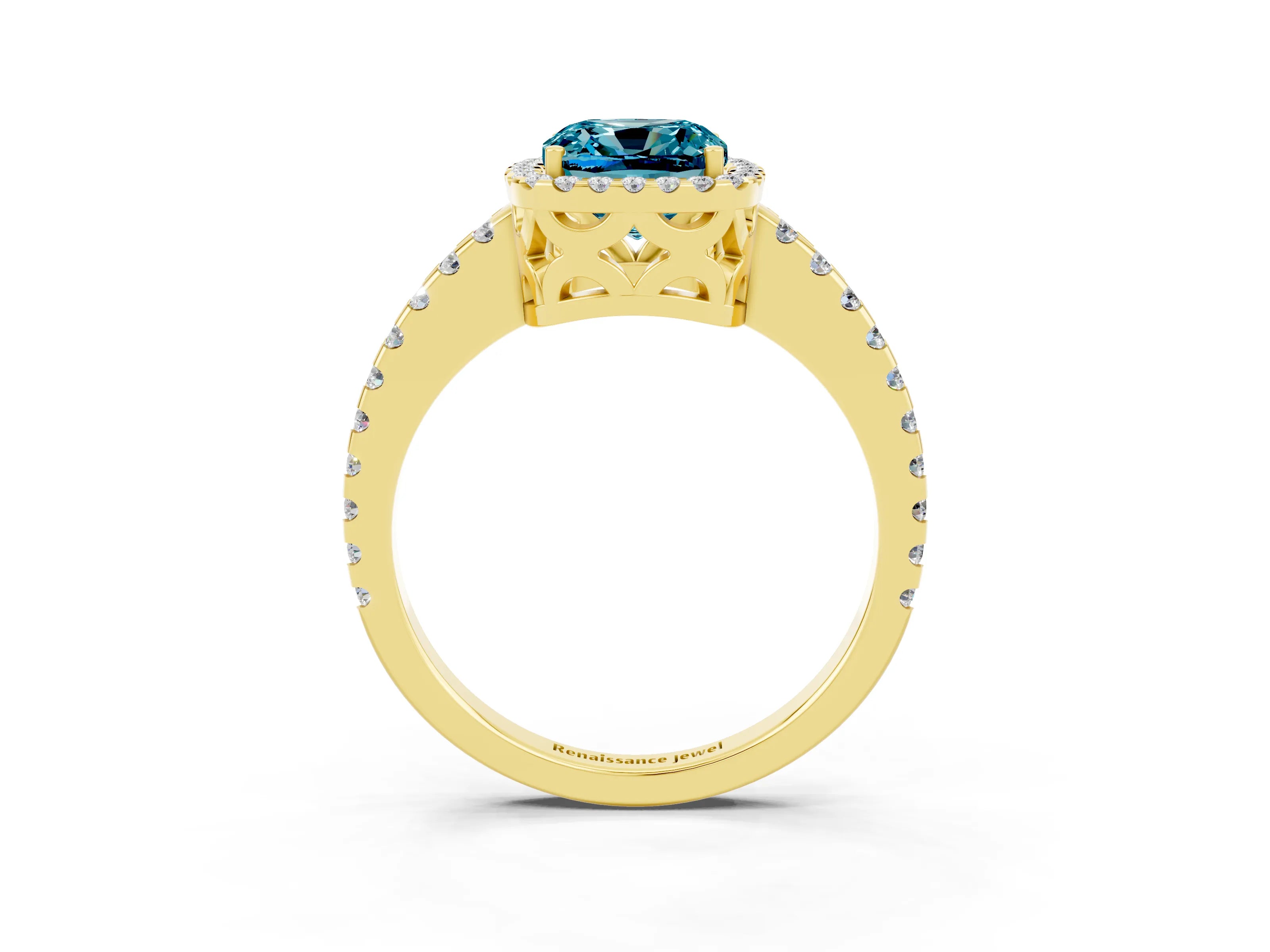 Yellow gold Cushion Cut Blue Topaz Halo Engagement Ring with Pavé Band and Prong Setting_15