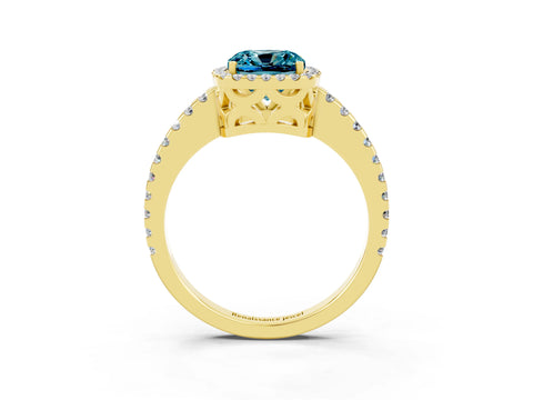 Yellow gold Cushion Cut Blue Topaz Halo Engagement Ring with Pavé Band and Prong Setting_15