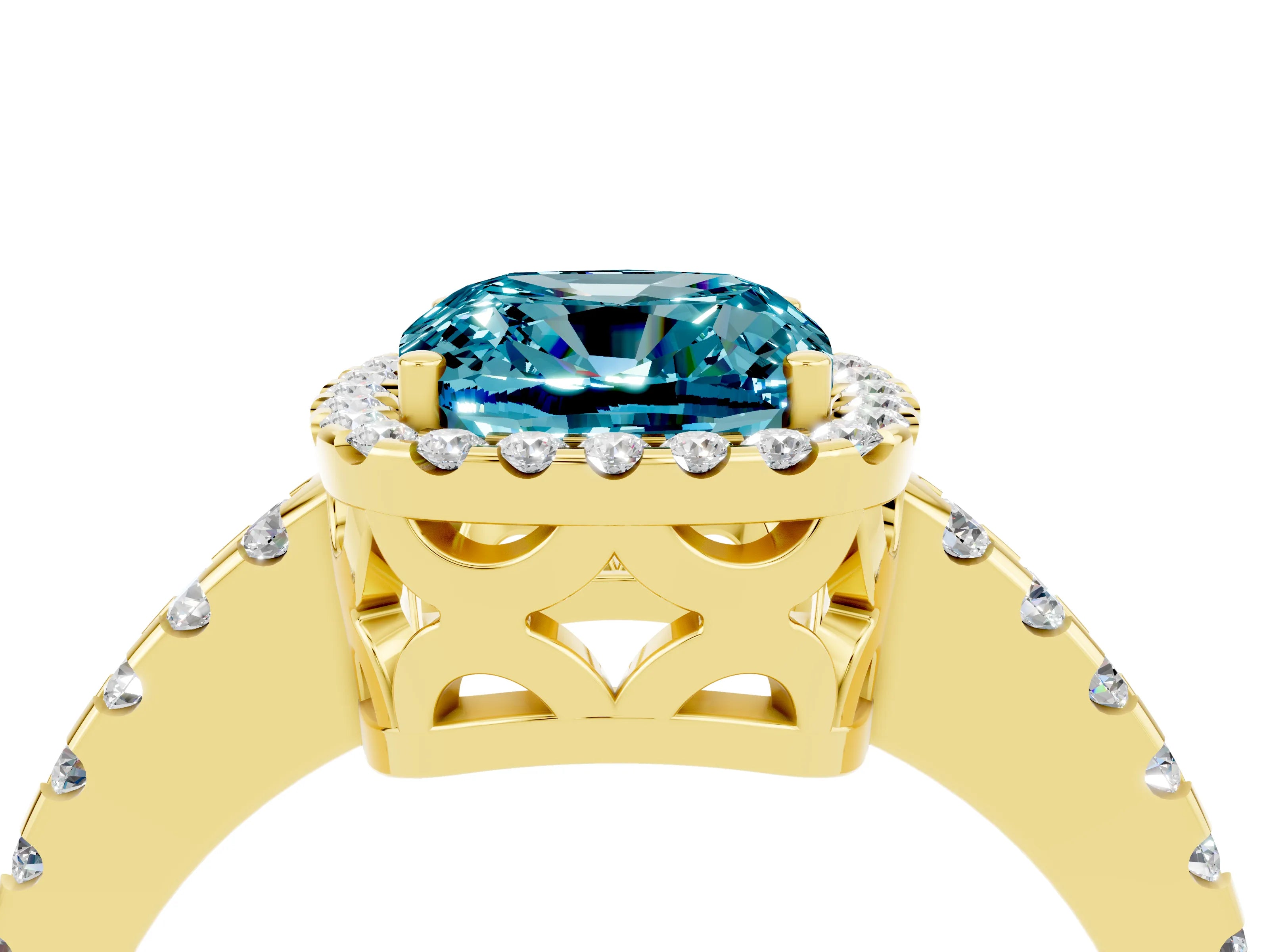 Yellow gold Cushion Cut Blue Topaz Halo Engagement Ring with Pavé Band and Prong Setting_16