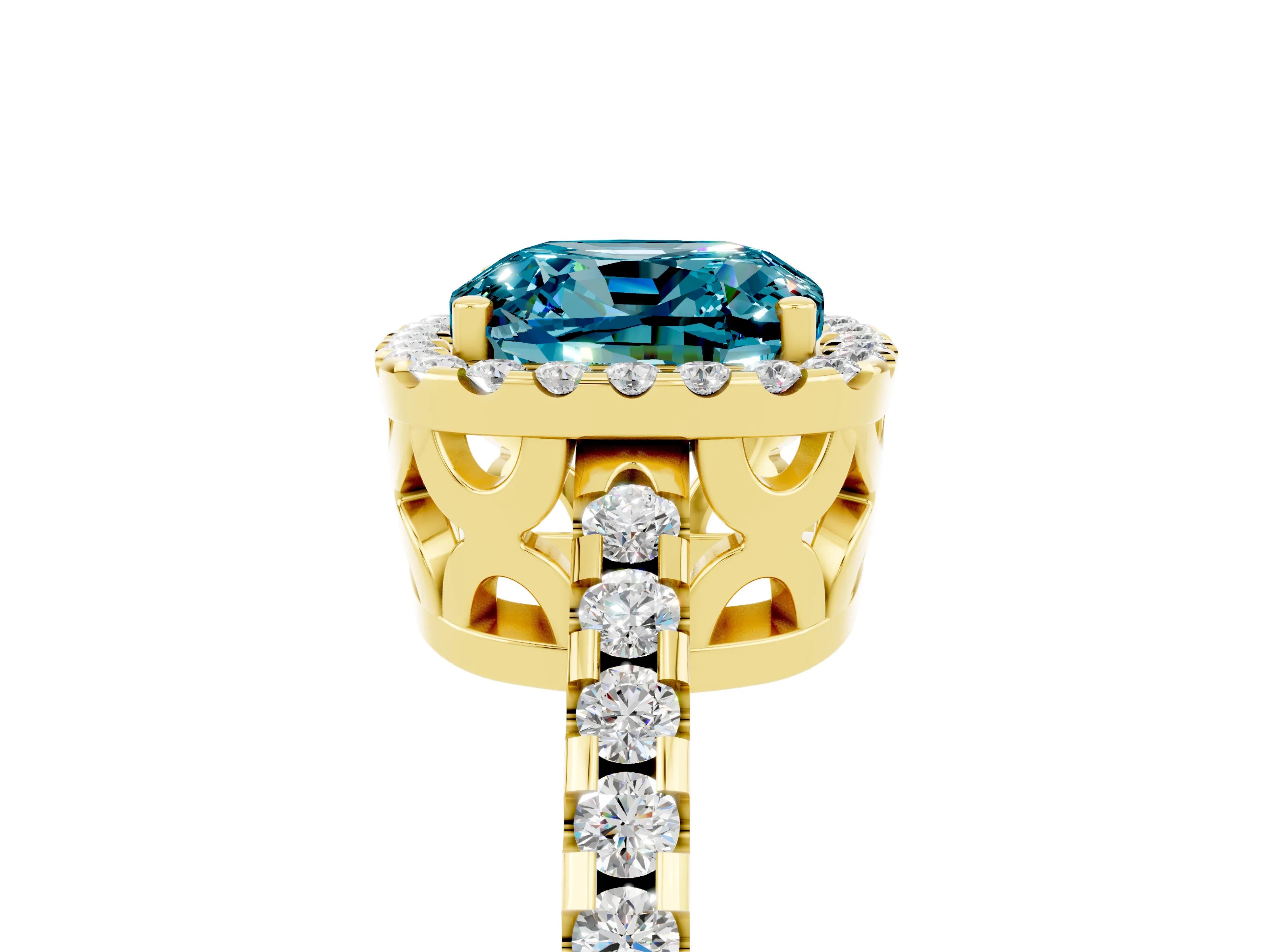 Yellow gold Cushion Cut Blue Topaz Halo Engagement Ring with Pavé Band and Prong Setting_17