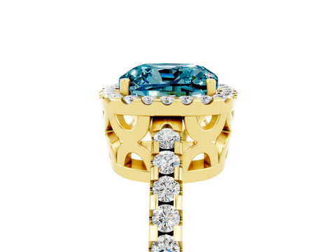 Yellow gold Cushion Cut Blue Topaz Halo Engagement Ring with Pavé Band and Prong Setting_17