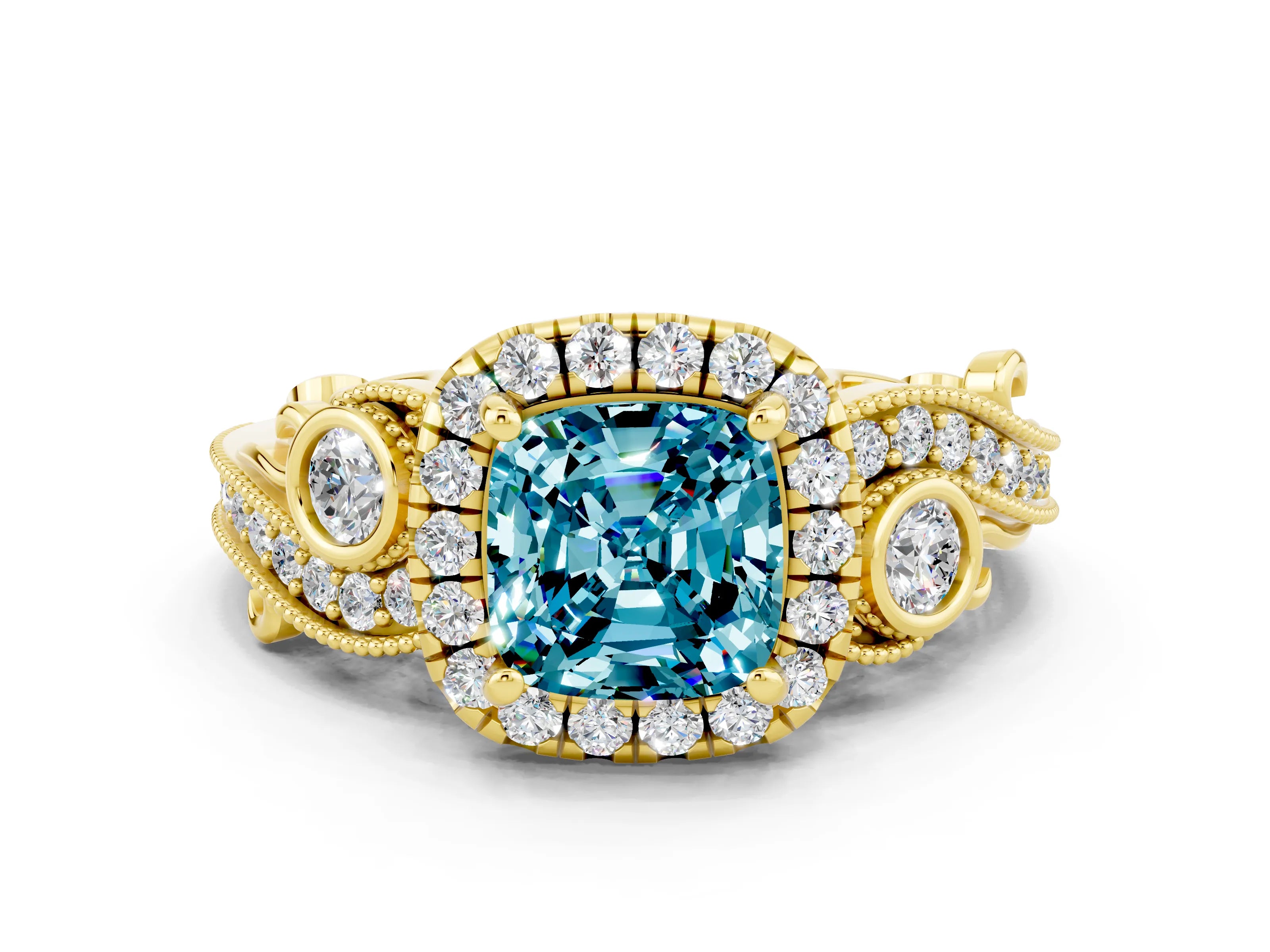 Yellow gold Cushion Cut Blue Topaz Halo Ring with Milgrain Pavé Band and Four-Prong Setting_12
