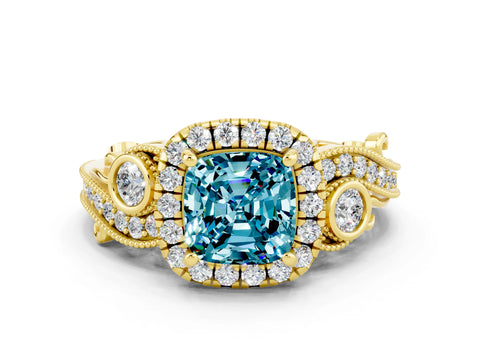 Yellow gold Cushion Cut Blue Topaz Halo Ring with Milgrain Pavé Band and Four-Prong Setting_12