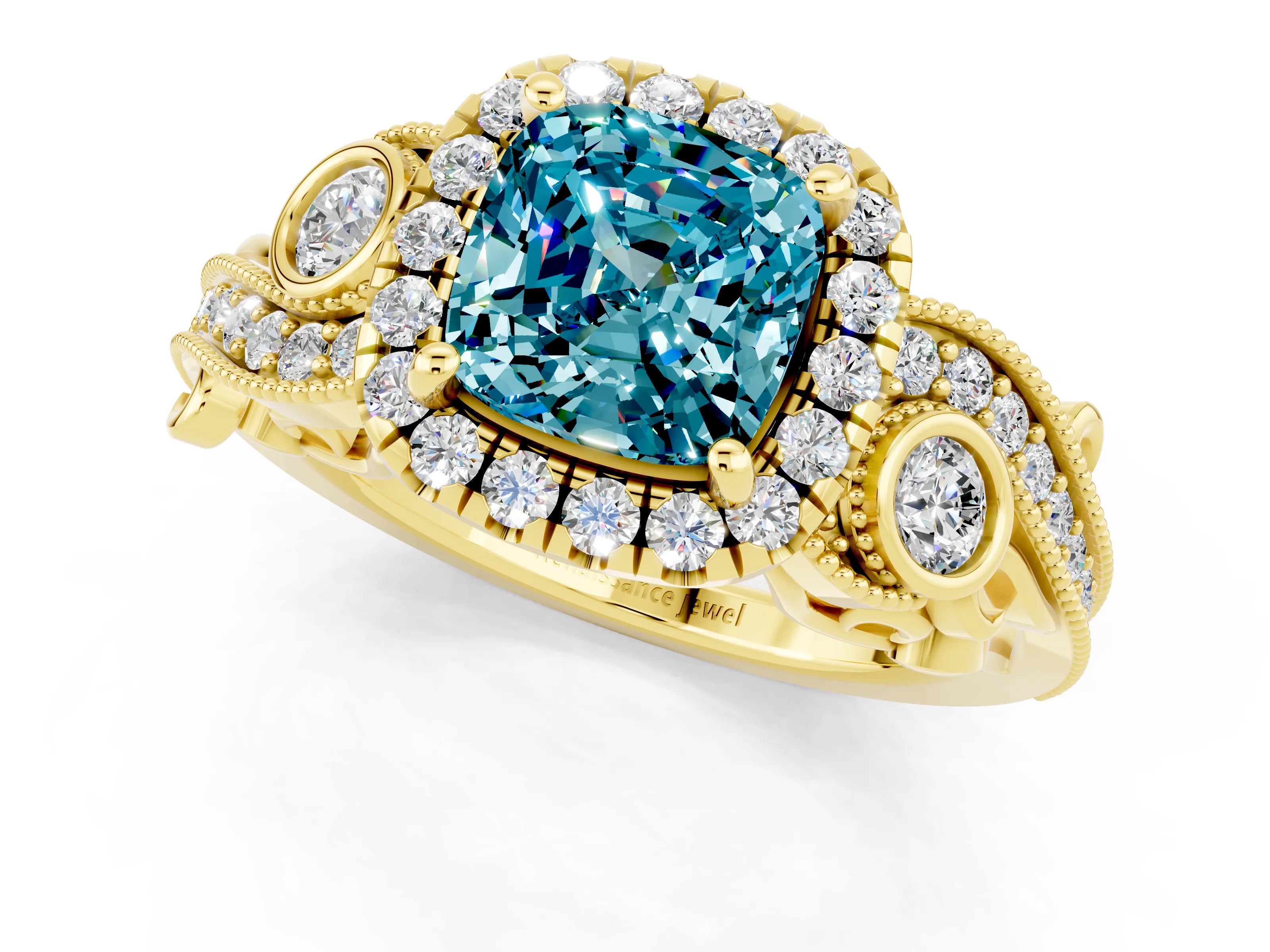 Yellow gold Cushion Cut Blue Topaz Halo Ring with Milgrain Pavé Band and Four-Prong Setting_13