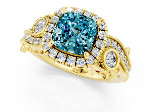 Yellow gold Cushion Cut Blue Topaz Halo Ring with Milgrain Pavé Band and Four-Prong Setting