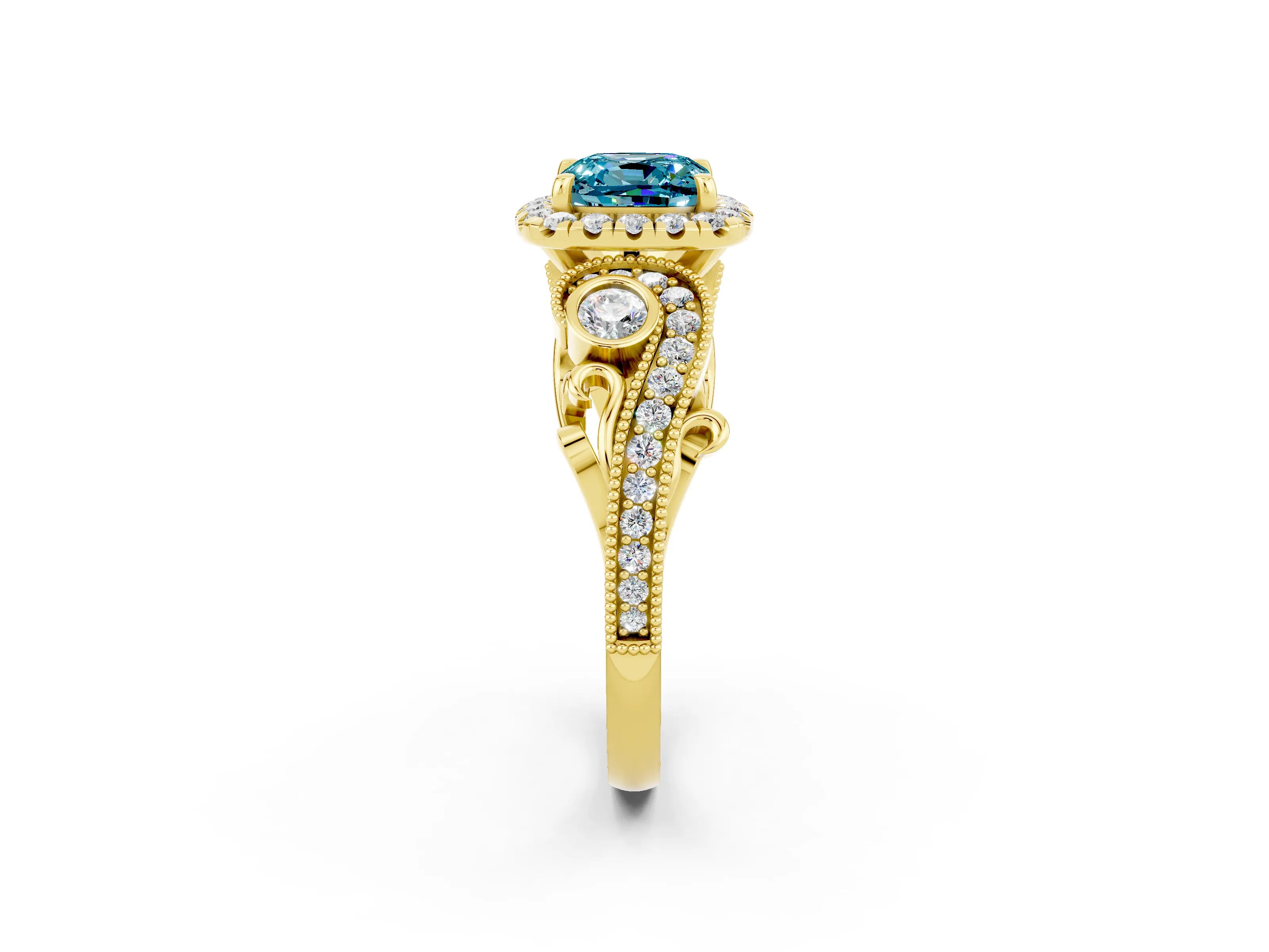 Yellow gold Cushion Cut Blue Topaz Halo Ring with Milgrain Pavé Band and Four-Prong Setting_14