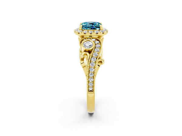 Yellow gold Cushion Cut Blue Topaz Halo Ring with Milgrain Pavé Band and Four-Prong Setting