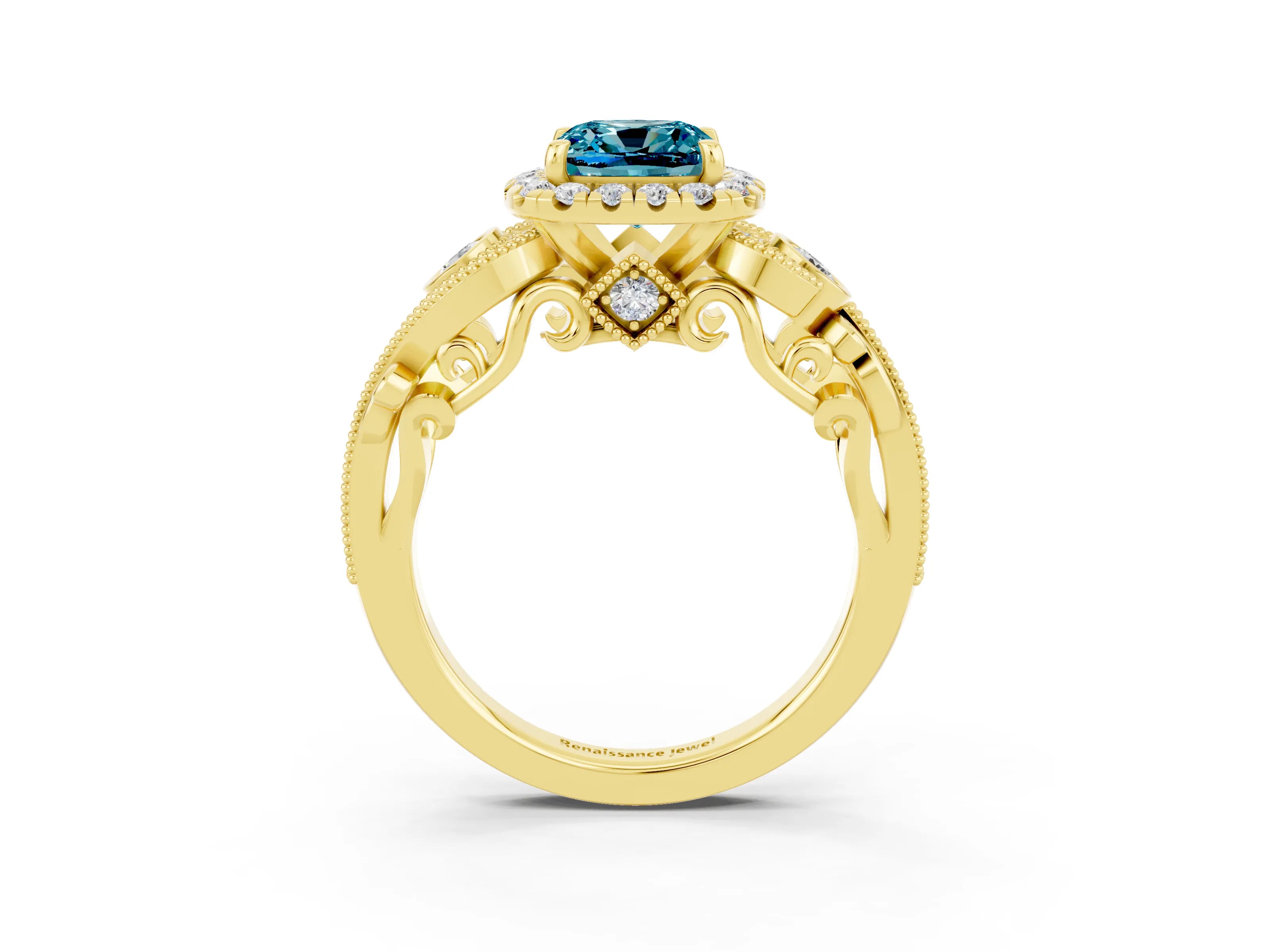 Yellow gold Cushion Cut Blue Topaz Halo Ring with Milgrain Pavé Band and Four-Prong Setting_15