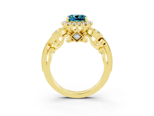 Yellow gold Cushion Cut Blue Topaz Halo Ring with Milgrain Pavé Band and Four-Prong Setting