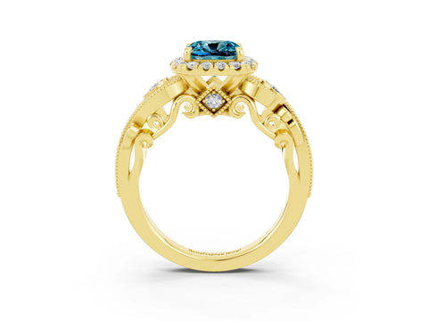 Yellow gold Cushion Cut Blue Topaz Halo Ring with Milgrain Pavé Band and Four-Prong Setting_15