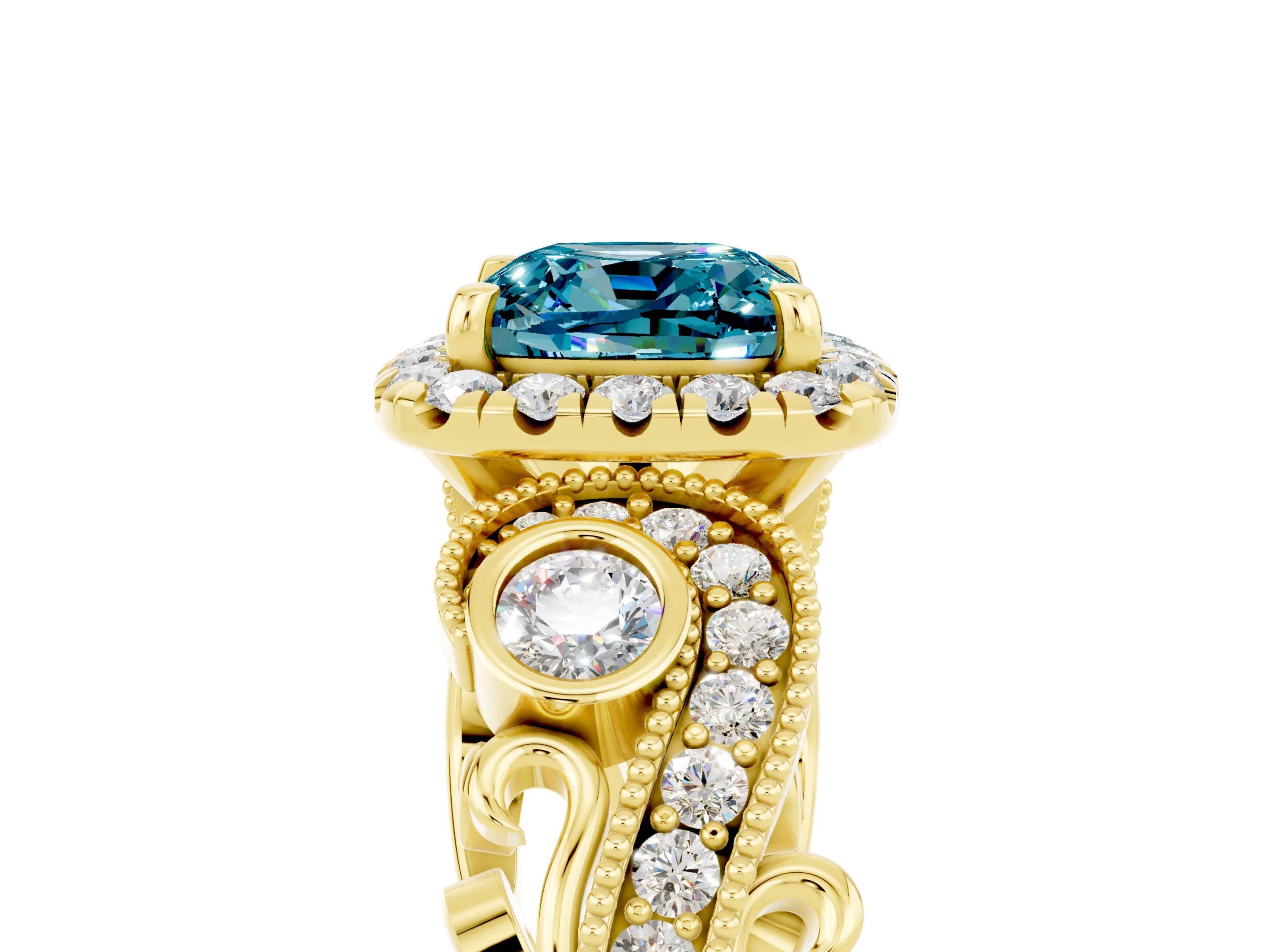 Yellow gold Cushion Cut Blue Topaz Halo Ring with Milgrain Pavé Band and Four-Prong Setting_17