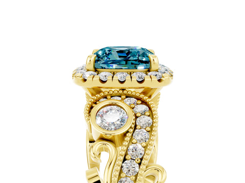 Yellow gold Cushion Cut Blue Topaz Halo Ring with Milgrain Pavé Band and Four-Prong Setting_17