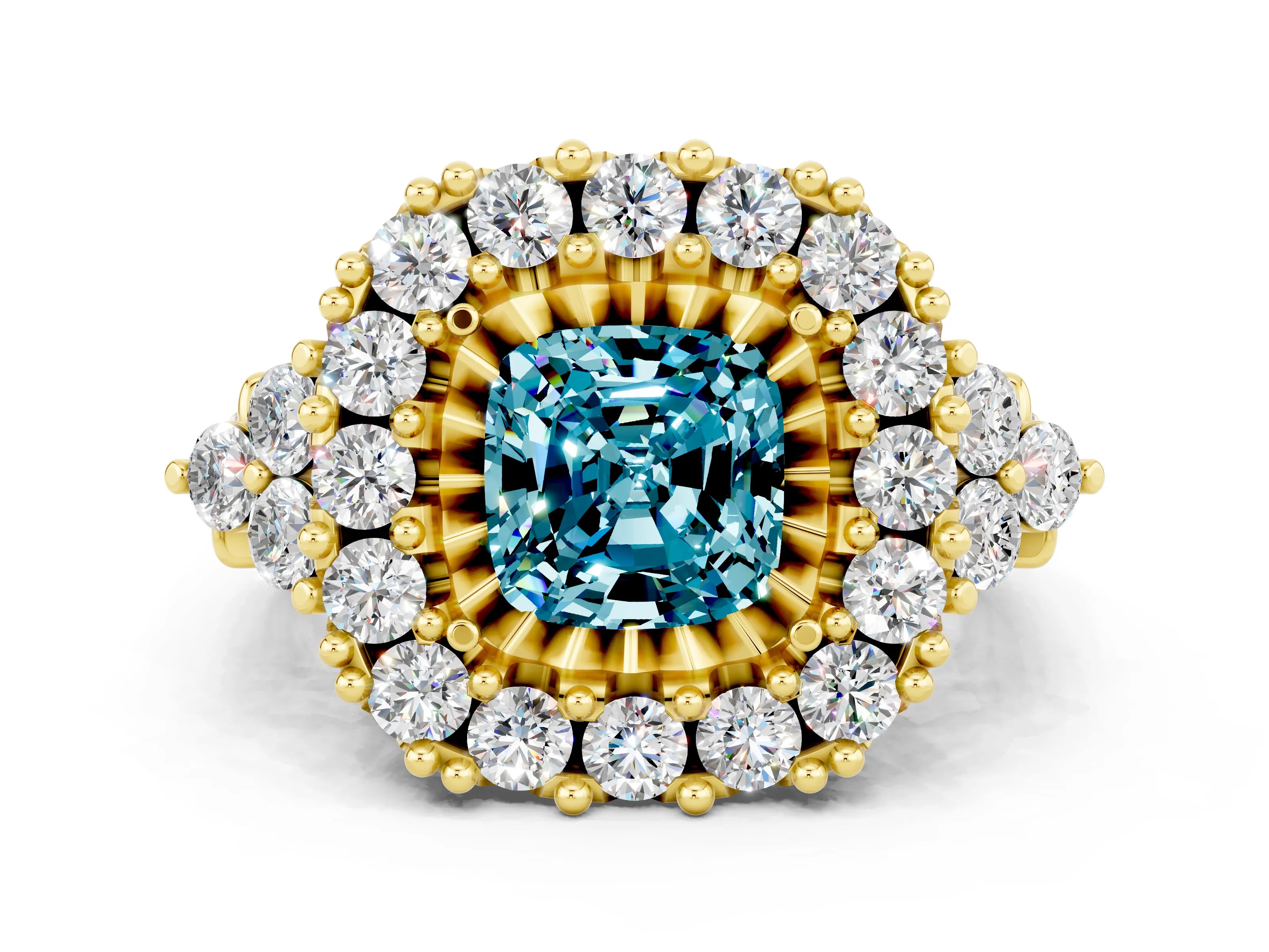 Yellow gold Cushion Cut Blue Topaz Halo Ring with Pavé Band and Four-Prong Setting_12