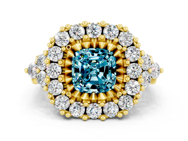 Yellow gold Cushion Cut Blue Topaz Halo Ring with Pavé Band and Four-Prong Setting
