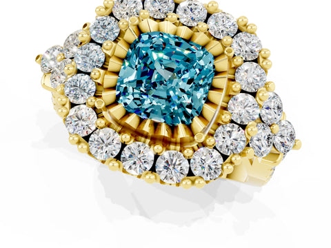 Yellow gold Cushion Cut Blue Topaz Halo Ring with Pavé Band and Four-Prong Setting_13