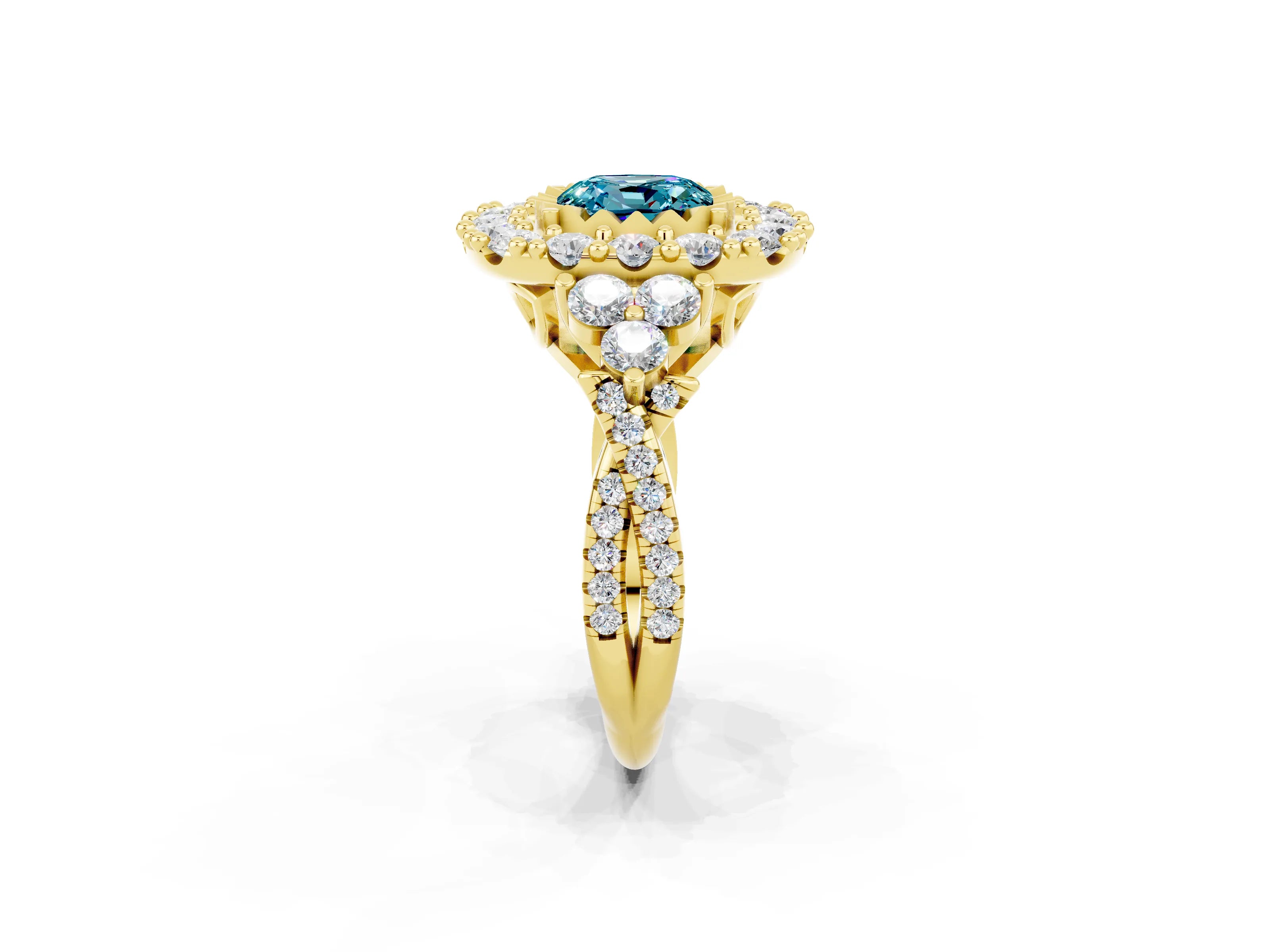 Yellow gold Cushion Cut Blue Topaz Halo Ring with Pavé Band and Four-Prong Setting_14