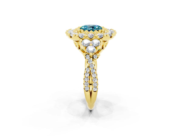 Yellow gold Cushion Cut Blue Topaz Halo Ring with Pavé Band and Four-Prong Setting