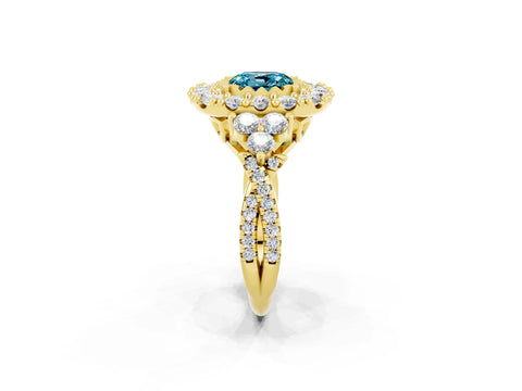 Yellow gold Cushion Cut Blue Topaz Halo Ring with Pavé Band and Four-Prong Setting_14