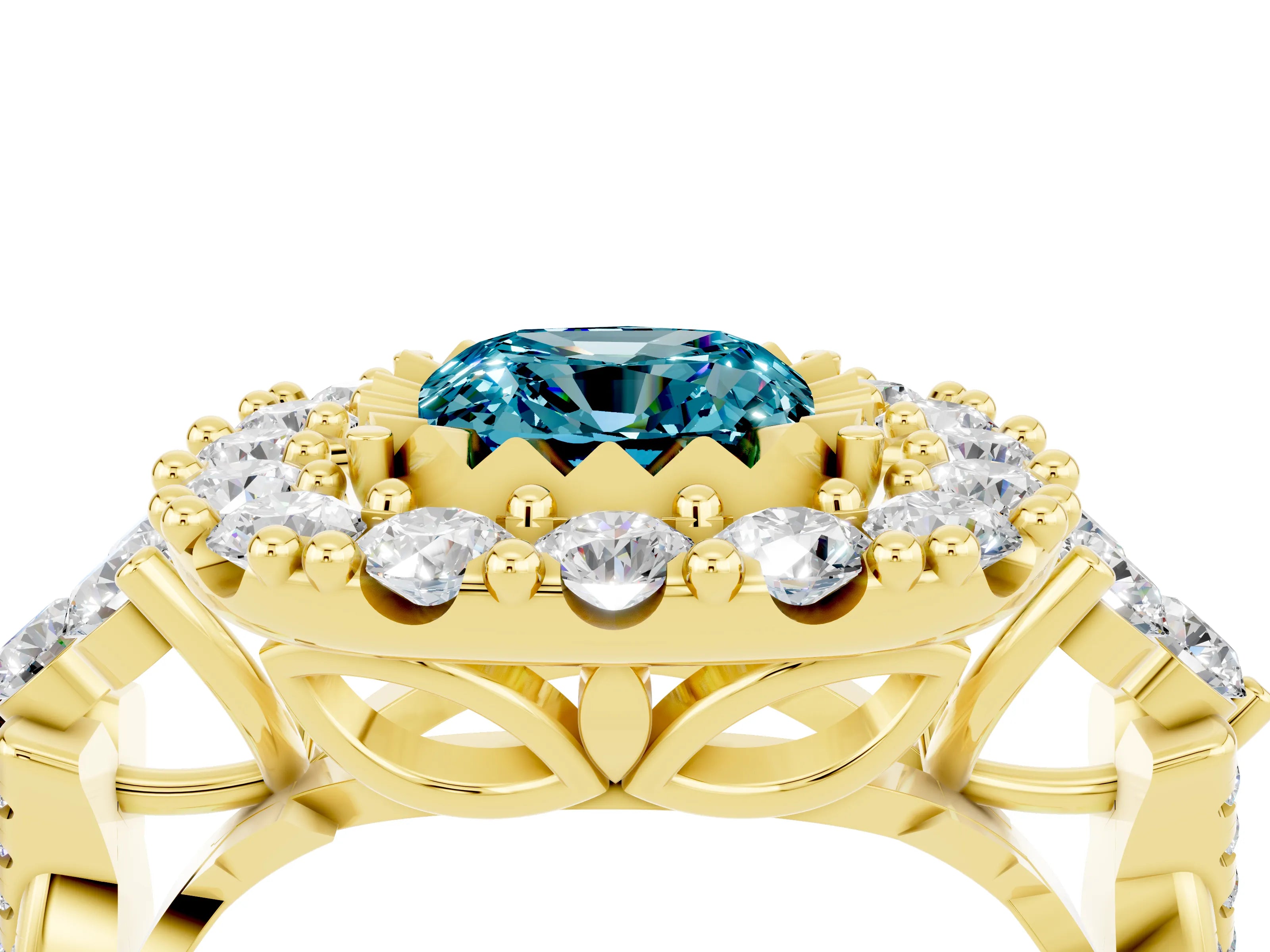 Yellow gold Cushion Cut Blue Topaz Halo Ring with Pavé Band and Four-Prong Setting_16