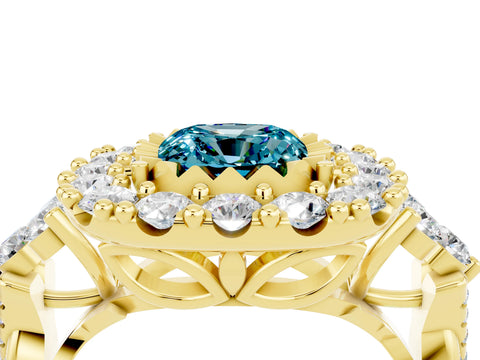 Yellow gold Cushion Cut Blue Topaz Halo Ring with Pavé Band and Four-Prong Setting_16