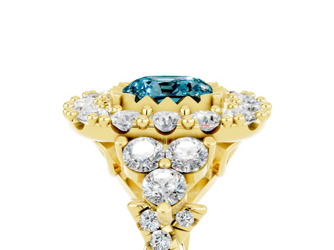 Yellow gold Cushion Cut Blue Topaz Halo Ring with Pavé Band and Four-Prong Setting_17