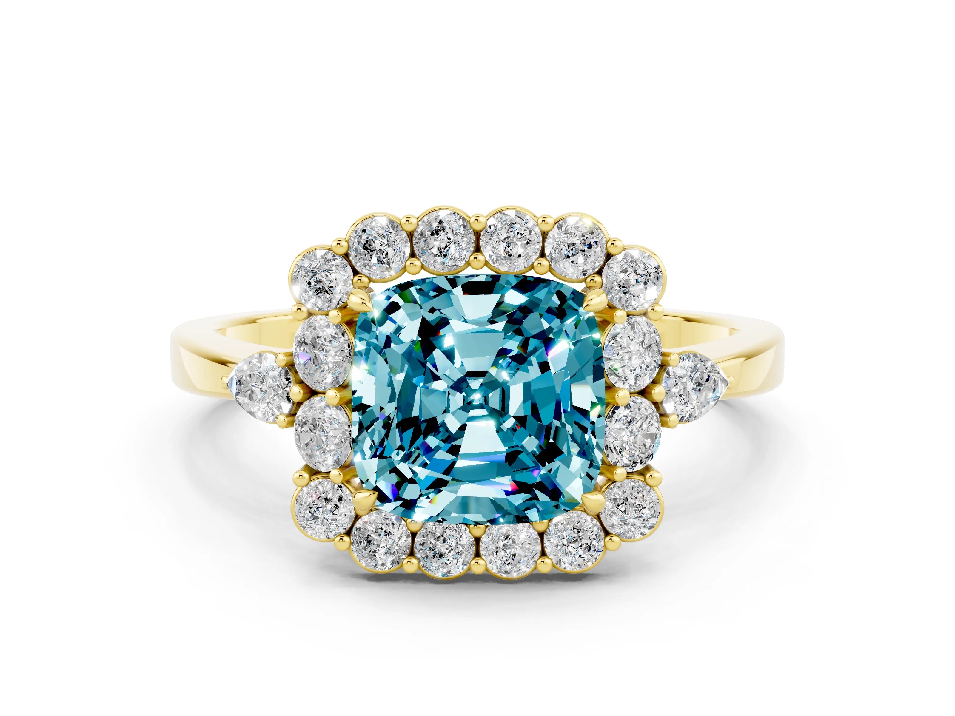 Yellow gold Cushion Cut Blue Topaz Halo Ring with Pear Side Stones and Prong Setting_12