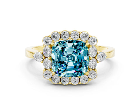 Yellow gold Cushion Cut Blue Topaz Halo Ring with Pear Side Stones and Prong Setting_12