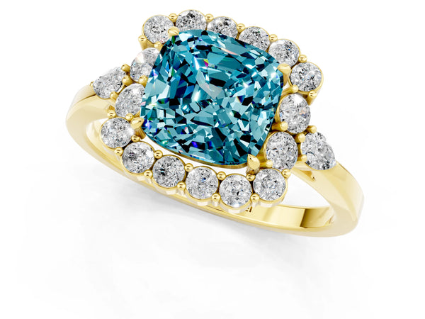 Yellow gold Cushion Cut Blue Topaz Halo Ring with Pear Side Stones and Prong Setting