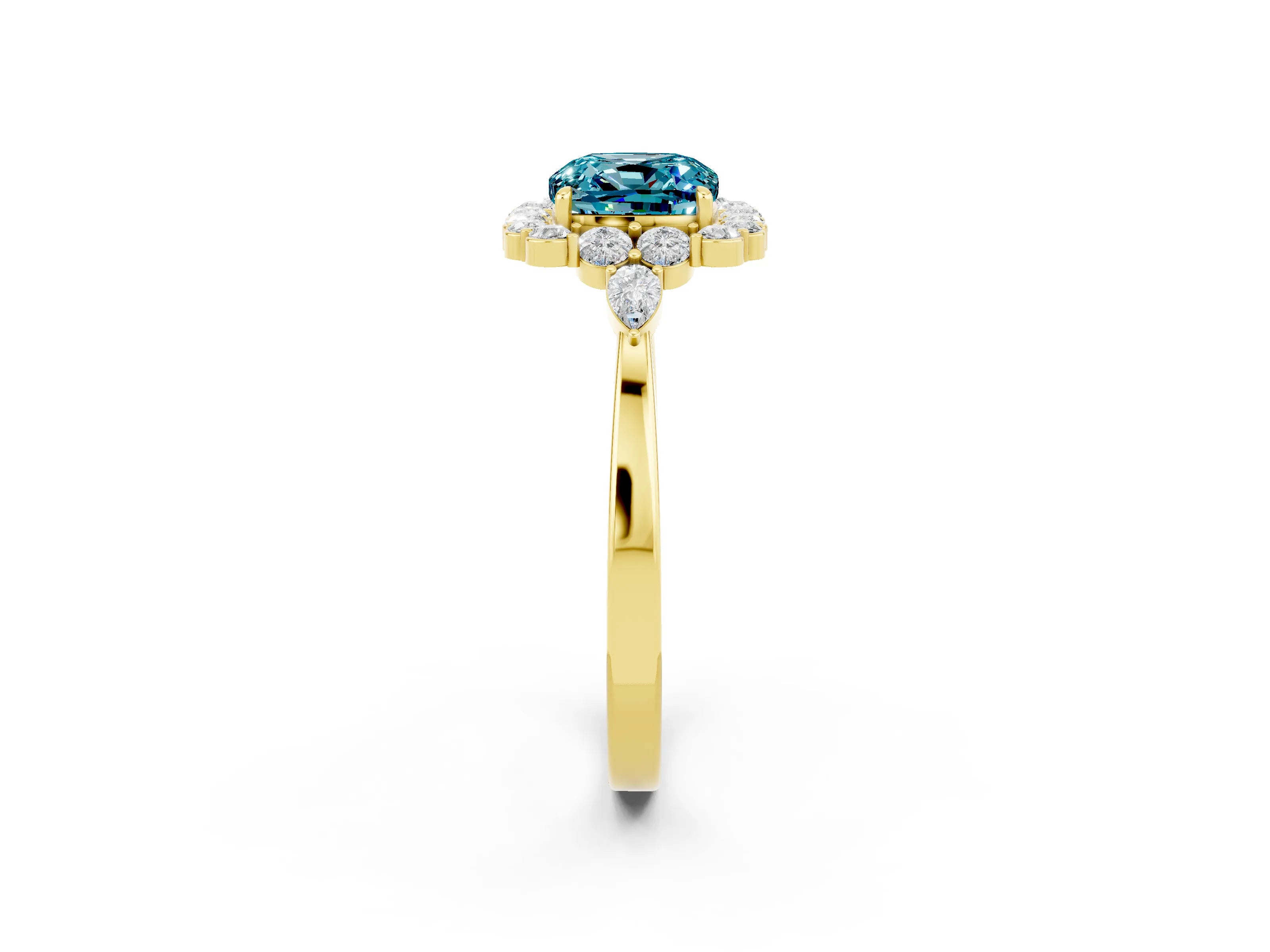 Yellow gold Cushion Cut Blue Topaz Halo Ring with Pear Side Stones and Prong Setting_14
