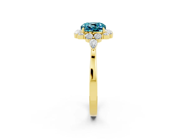 Yellow gold Cushion Cut Blue Topaz Halo Ring with Pear Side Stones and Prong Setting