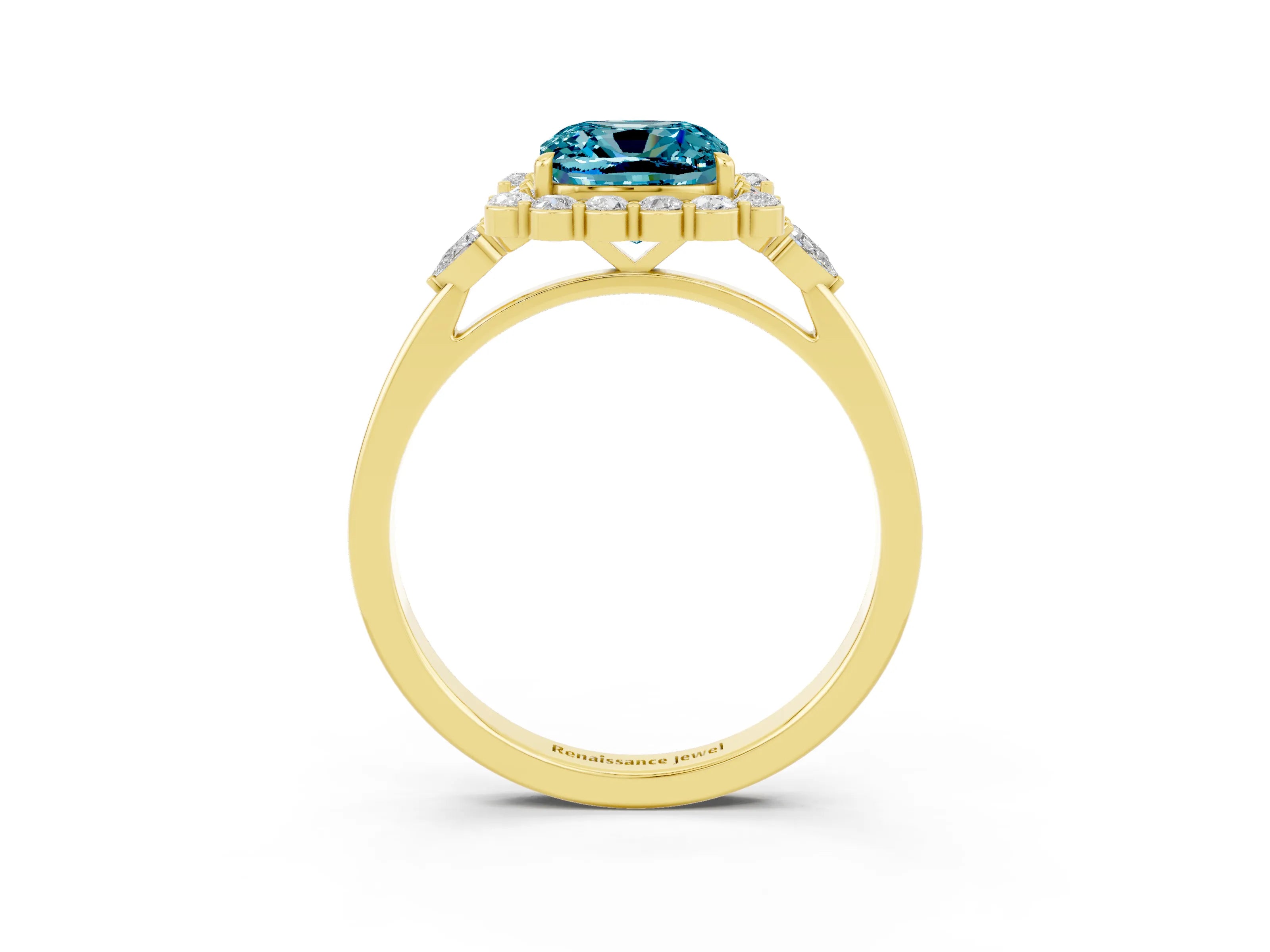 Yellow gold Cushion Cut Blue Topaz Halo Ring with Pear Side Stones and Prong Setting_15