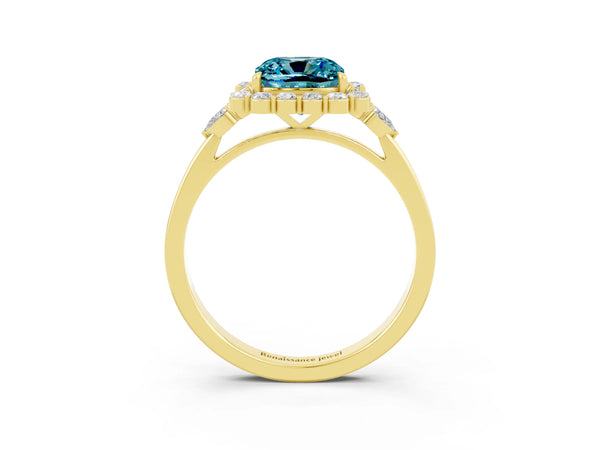 Yellow gold Cushion Cut Blue Topaz Halo Ring with Pear Side Stones and Prong Setting