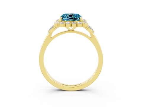 Yellow gold Cushion Cut Blue Topaz Halo Ring with Pear Side Stones and Prong Setting_15