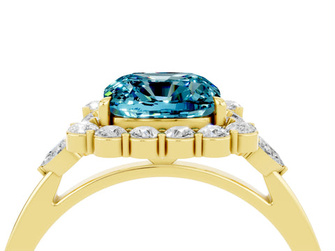 Yellow gold Cushion Cut Blue Topaz Halo Ring with Pear Side Stones and Prong Setting_16