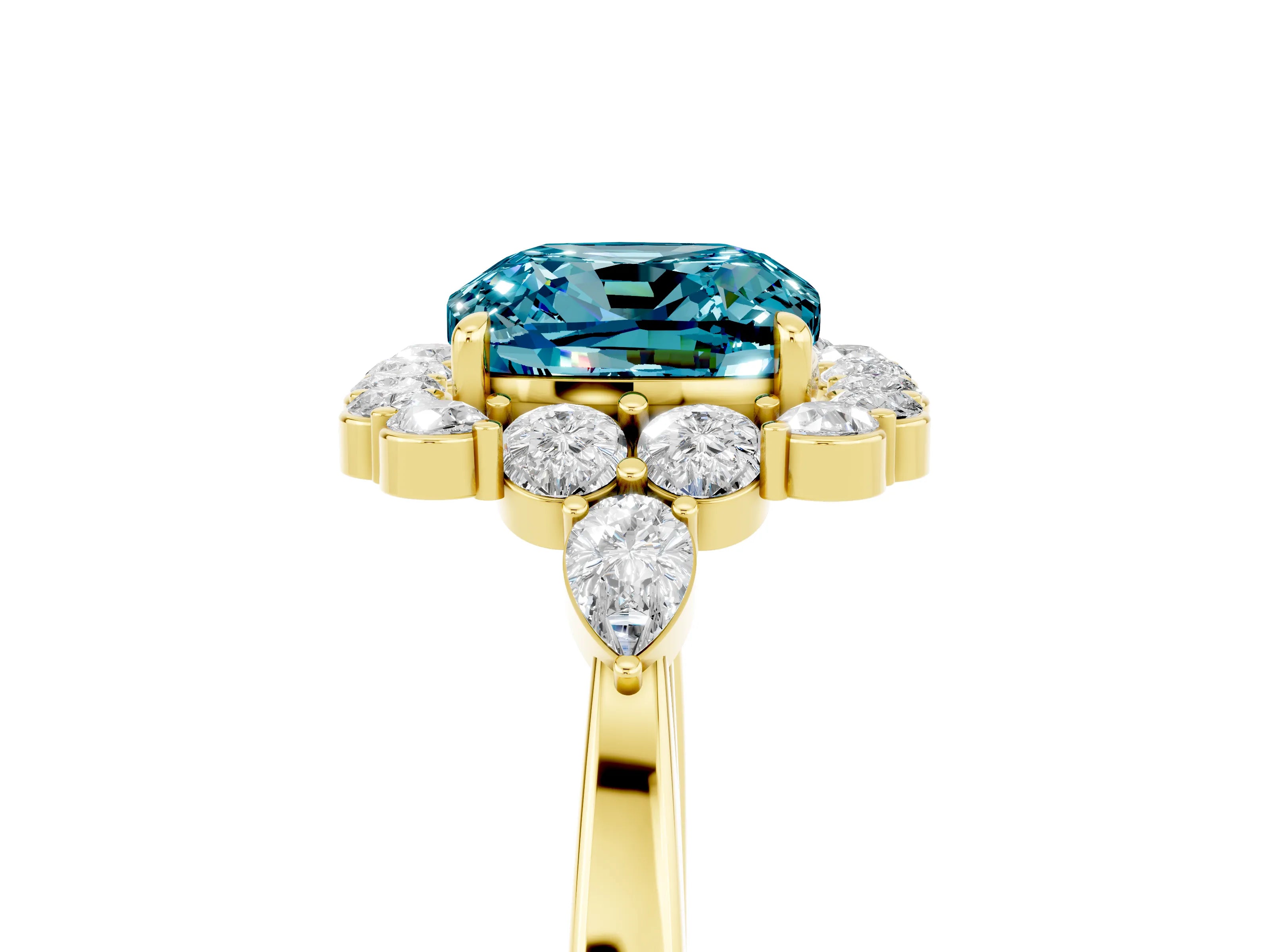 Yellow gold Cushion Cut Blue Topaz Halo Ring with Pear Side Stones and Prong Setting_17