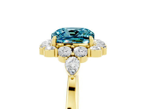 Yellow gold Cushion Cut Blue Topaz Halo Ring with Pear Side Stones and Prong Setting_17